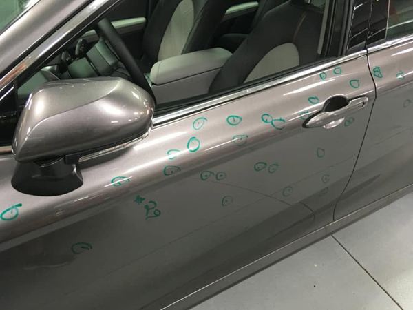 Hail dents circled on a gray Toyota door